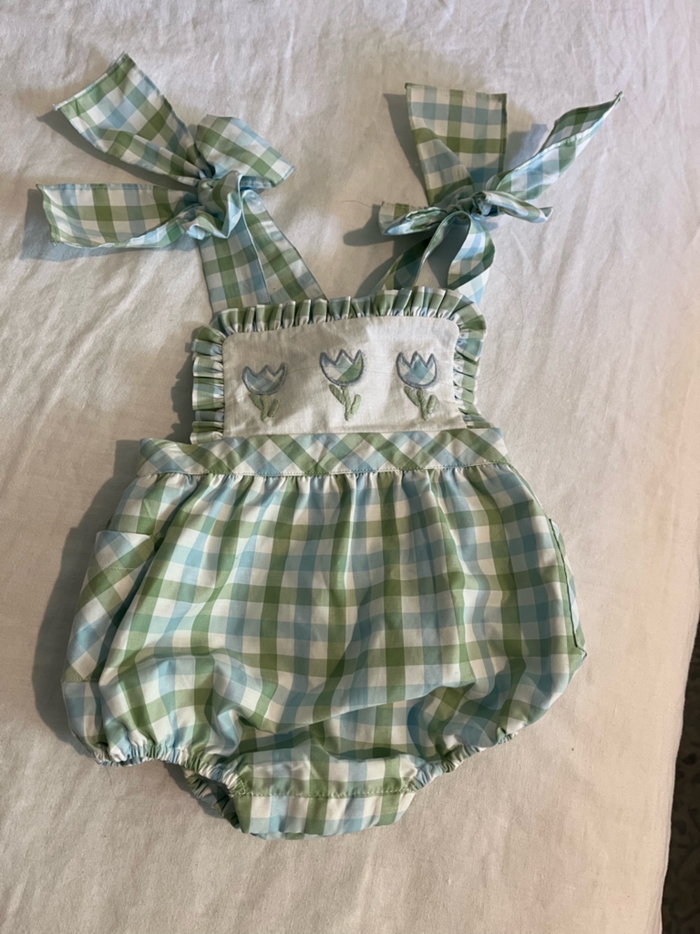 Gingham Embroidered Floral bubble - Green & Light Blue